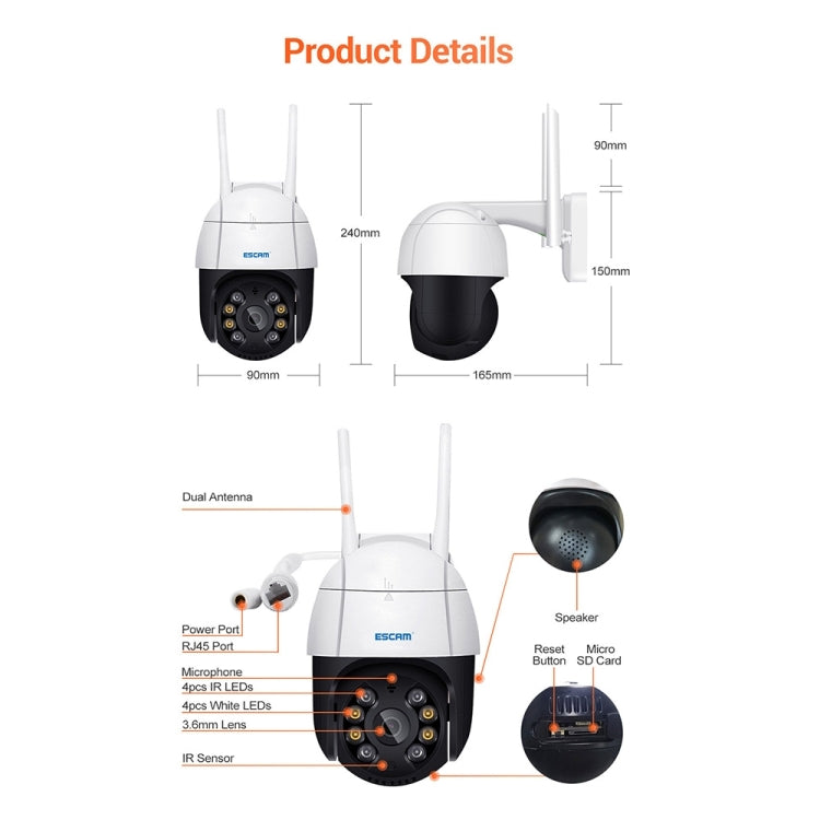 ESCAM QF218 1080P Pan / Tilt AI Humanoid Detection IP66 Waterproof WiFi IP Camera, Support ONVIF / Night Vision / TF Card / Two-way Audio, US Plug, NC1228AU, NC1228EU, NC1228UK, NC1228US ESCAM QF218 1080P Pan / Tilt AI Humanoid Detection IP66 Waterproof WiFi IP Camera, Support ONVIF / Night Vision / TF Card / Two-way Audio, US Plug, NC1228AU, NC1228EU, NC1228UK, NC1228US